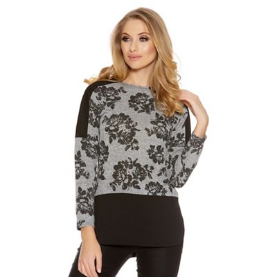 Grey and black contrast flower print knitted top